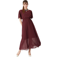 Miss Chase Women's Wine Red Flared Solid Embellished Gathered Maxi Dress(Mcss20D04-36-184-05,Wine Red,Large)