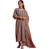 Nainvish Women's Rayon Printed Straight V-Neck Kurta Pant With Dupatta (Sd688_Kbd-S_Multicolor)