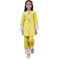 Pspeaches Girl's Cotton Regular Kurta Set (Ks-Yellowwidelace-6-7Y_Yellow