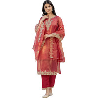 Sanisa Women's Shimmer Net Embroidery And Sequins Work Straight Kurta With Pant And Dupatta Set (227Kbd2403N-M_Rani Pink & Golden)