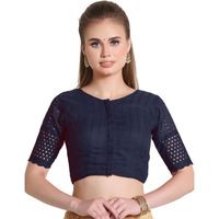 Pujia Mills Women's Trendy Hakoba Chikankari Work Half Sleeve Navy Blue Saree Blouse (Hakoba 13 Navy Blue_38)