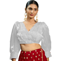 Pujia Mills Women's Rafale Silk Full Balloon Sleeve V Neck Blouse(Gangu) (White, 36)