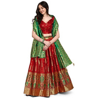 Purvaja Women's Jacquard Semi-Stitched Lehenga Choli (Swastik-Red_Red_Free Size)