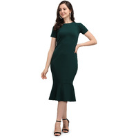 Purvaja Women's Corduroy Bodycon Midi Dress (Ruby-005-Gn-S_Dark Green