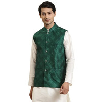 Sojana (Since 1958) Men's Jacquard Silk Dark Green & Gold Self Design Only Nehru Jacket
