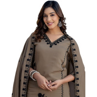 Sanisa Women's Silk Embroidery Straight Kurta With Pant And Dupatta Set (235Kbd2485N-M_Dark Beige)
