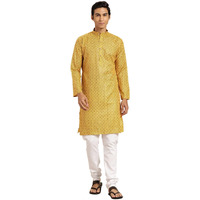 Sojanya (Since 1958 Men's Cotton Linen Mustard Foil Printed Kurta And White Pyjama Set