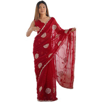 Satrani Women's Shimmer Chiffon Embroidery And Sequin Work Saree With Unstitched Blouse Piece (4136S152N_Red)