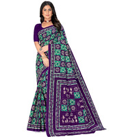 Tamaira Fashion Women's Warli Batik Printed Pure Cotton Mulmul Saree Without Blouse Piece(2486_Seagreen & Purple)