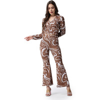 Popwings Casual Brown Marble Printed Crop Top And Trouser Co-Ord Set For Women || Co-Ords Set For Women Stylish Western || Full Sleeves V-Neck Crop Top And Bootcut Trouser Dress Set For Women