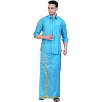Prakasam Cotton-Mens Art Silk Wedding Set/Art Silk 8 Mulam (8-Yard) Dhoti And Stitched Half Sleeve Shirt