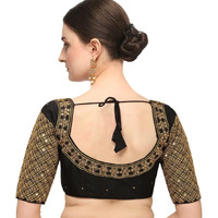 Pujia Mills Women's Phantom Silk Floral Half Sleeve Saree Blouse (Kundan_Black_38)