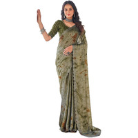 Satrani Women's Printed Stone Work Border Georgette Saree With Unstitched Blouse Piece (3742S364N_Dull Green & Olive Green)