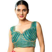 Pujia Mills Women's Readymade Sleeveless Sweetheart Neck Back Hook Open Saree Fancy Blouse (Rama, 38)
