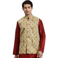 Sojana (Since 1958) Men's Cotton Linen Pista Green & Multi Printed Only Nehru Jacket