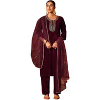 Sanisa Women's Velvet Sequins And Embroidery Work Straight Kurta With Pant And Dupatta Set (224Kbd2374N-S_Maroon)