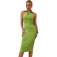 Sugathari Solid Women Pista, V-Neck Ribbed Knit Sleeveless Bodycon Dress (Midi 103 Pista L)