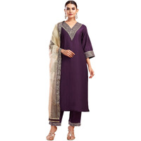 Sanisa Women's Silk Sequence And Embroidery Work Lace Straight Kurta With Pant And Dupatta Set (104Kbd1133Nb-Xl_Wine)