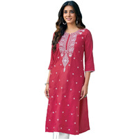 Sanisa Women's Cotton Blend Chikankari Embroidery Straight Kurti (475K10032N-L_Dark Pink)