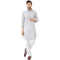 See Designs Men Grey Cotton Solid Curved Hemline Full Sleeve Side Slit Pathani Kurta - Bnrskt616L
