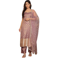 Varanga Women Mauve Brocade Zari & Sequins Lace Embellished Kurta With Tonal Bottom And Dupatta  Strap Style, Side Slit (Extra Large)