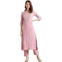 Varanga Womens Mauve Straight Kurta With Gota Lace, Round Neckline, Side Slits, Straight Hemline - Casual Wear
