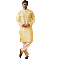 Sojanya (Since 1958 Men's Silk Bend Krochet Thread Embroidered Yellow Kurta With White Pyjama