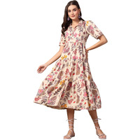 Stylum Women's Tropical Printed Rayon Tiered Dress (Drsbeigesomil42_Beige, Xl)
