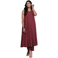 Varanga Womens Silk Blend Solid Regular Kurta Set  Sleeveless Maroon Kurta With V-Neckline, Matching Pants, And Accessories (Large)