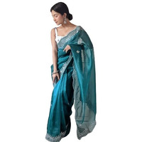 Flosive Women's Attractive Colour Organza Saree Handwork With Blouse (Rama)