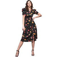 Miss Chase Women's Multicolored-Base-Black V-Neck Pleated Puff Sleeve Floral Wrap Midi Polyester Dress (Mcaw21D14-84-171-03, Multicolored-Base-Black, S)