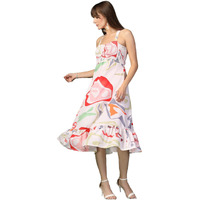 Oomph! Women's Western & Fusion Wear Printed Crepe Dress For Women, Smocked Bodice, White - Md1053