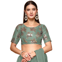 Oomph! Women's Indian Ethnic Wear Designer Floral Pattern Zari Work Boat Neck Half Sleeve Pista Green Color Brocade Readymade Blouse For Saree Or Lehnga And Fusion Twist. S