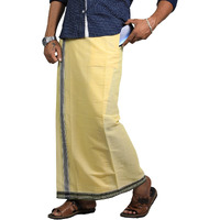 Prakasam Cotton Mens Cotton Kerala Thalapathi Border Welcro Pocket Dhoti (Size -L Size Dhoti) / Yellow Colour Thalapathi Adjustable Pocket Dhoties For Mens