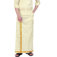Prakasam Cotton Asha (Silk Look) Wedding Welcro Stitched Pocket Cream Dhoti For Mens (Border-3/4 Inch)- Size -M