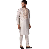 Kisah Men's Kurta Trouser Set, Multi Silk Blend, Embellished Regular Fit Mandarin Collar Long Sleeves (M) Multicolour
