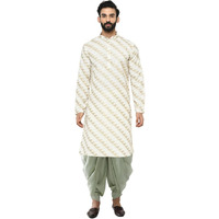 Kisah Men's Kurta, Cream Cotton Blend, Printed Regular Fit Mandarin Collar Long Sleeves (M)