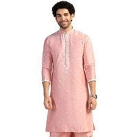 Kisah Men's Kurta, Pink Cotton Blend, Embroidered Regular Fit Mandarin Collar Long Sleeves (42)
