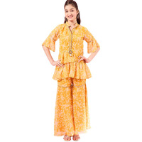Pspeaches Girl's Georgette Regular 1 Kurta, 1 Palazzo, 1 Belt (Iw-Yellowwhite-14-15Y_Yellow