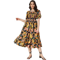 Kzully Women's Crepe A-Line Midi Dress (1001-Yellow-Peach-Flower-S_Yellow