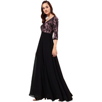 Miss Chase Women's Black And Lavender Sweetheart Neck 3/4 Sleeve Self Design Fit & Flare Maxi Dress (Mcaw22D99-77-245-02, Black And Lavender, Xs)