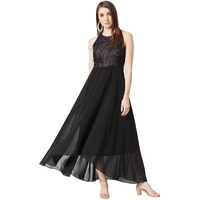 Miss Chase Women's Lavender And Black Halter Neck Sleeveless Floral Lace Maxi Dress(Mcss20D06-09-220-02_Multicolor_Xs)