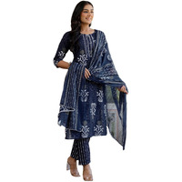 Sanisa Women's Cotton Floral Printed Straight Kurta With Pant And Dupatta Set (243Kbd2561N-Xxl_Navy Blue & White)