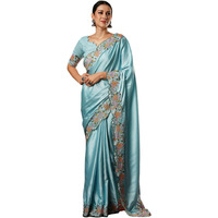 Satrani Women's Satin Embroidery And Scalloped Border Saree With Unstitched Blouse Piece (3922S531N_Sky Blue)