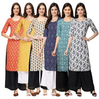 Pinkmint Women's Crepe Digital Print Straight Kurta [Pack Of 6] Multicolour