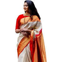 Satrani Women's Silk Blend Onam Special Kasavu Jacquard Saree With Unstitched Blouse Piece (4082S107N_Cream & Red)