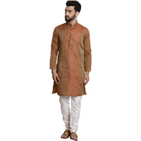 Sojanya (Since 1958 Men's Silk Blend Orange Self Design Kurta And White Churidar Pyjama Set