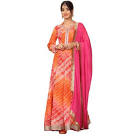 Varanga Woven Leheriya V-Neck Lace Embellished Anarkali Kurta With Dupatta  Elegant Orange And Pink Leheriya Print, Lace Detailing, V Neck, Three-Quarter Sleeves, Flared Anarkali Silhouette (Small)