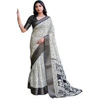 Satrani Women's Cotton Blend Printed Weaving Border Saree With Unstitched Blouse Piece (4029S176N_White2)