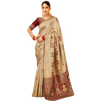 Satrani Women's Banarasi Silk Weaving Stone Work Saree With Unstitched Blouse Piece (4245S6700N_Beige2)